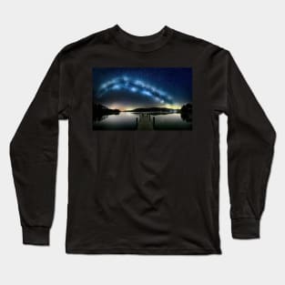 Milky Way Arching over a Jetty and Lake Long Sleeve T-Shirt